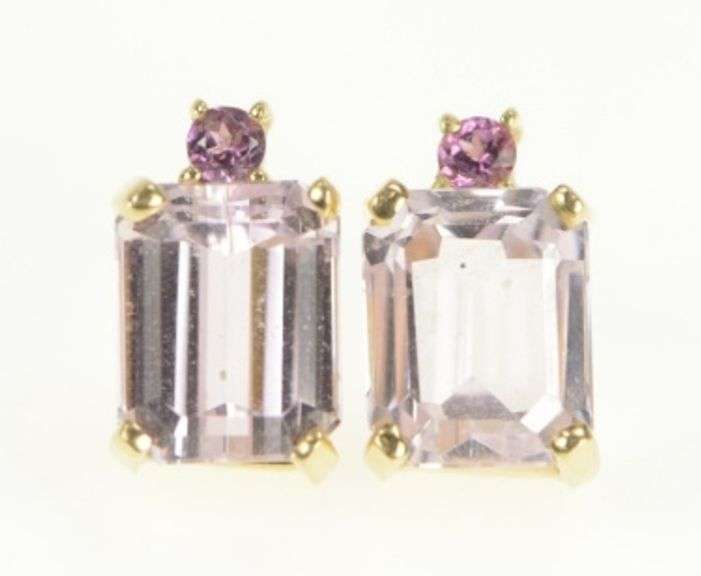 14K Yellow Gold Emerald Cut Pink Topaz Vintage Stud Earrings