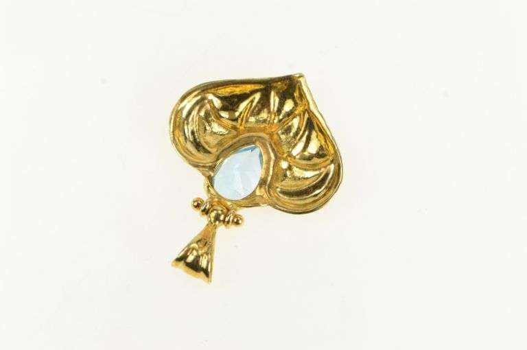 14K Yellow Gold Pear Blue Topaz Ornate Scalloped Heart Love Pendant