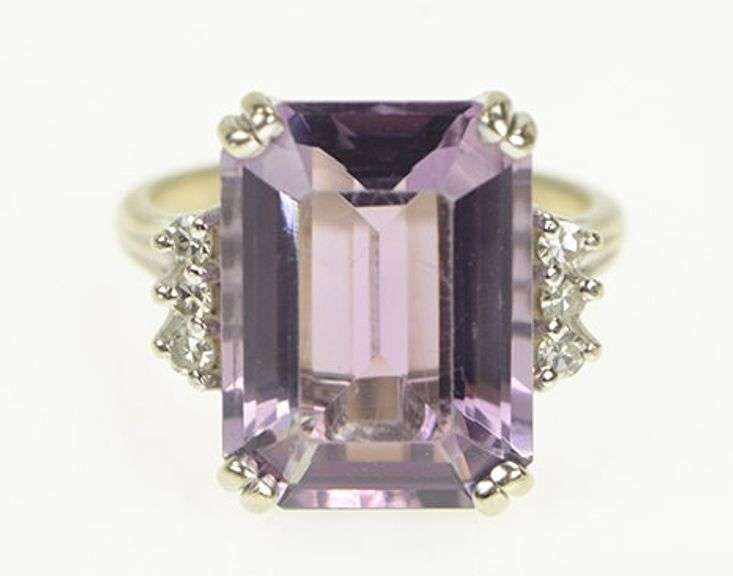 14K White Gold Emerald Cut Amethyst Diamond Accent Cocktail Ring