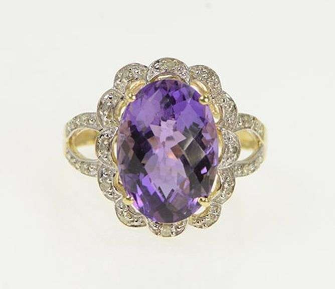 14K Yellow Gold Oval Amethyst Diamond Halo Ornate Cocktail Ring