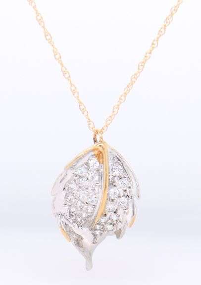 Handsome Cubic Zirconia Leaf Pendant on Chain in Yellow Gold