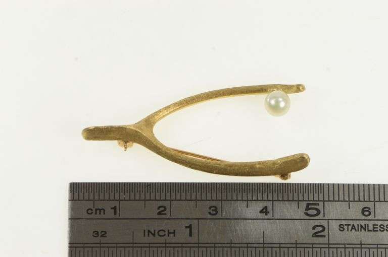 14K Yellow Gold Ornate Vintage Pearl Wish Bone Lucky Pin/Brooch