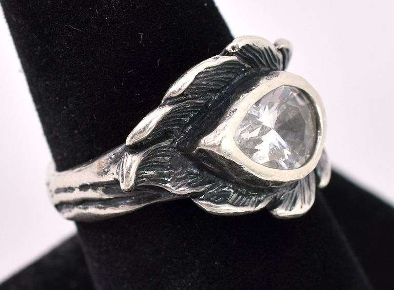 Feather Ring With CZ In Sterling Silver