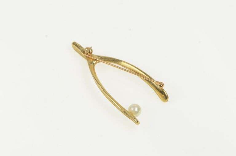 14K Yellow Gold Ornate Vintage Pearl Wish Bone Lucky Pin/Brooch