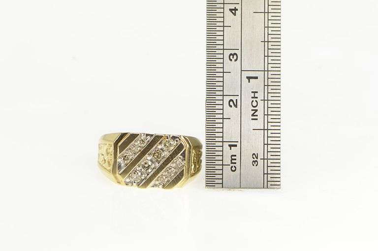 10K Yellow Gold Squared Men's Diamond Textured Nugget Ring