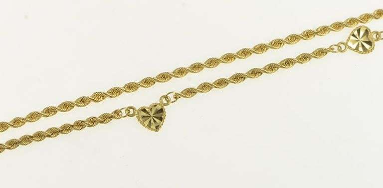 14K Yellow Gold 2.3mm Rope Link Heart Love Chain Vintage Necklace