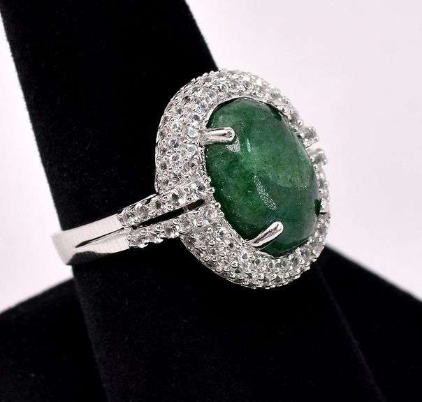 Brilliant 6.50CTS Oval Shaped Cabochon-Cut  Emerald & 1.50CTW White Sapphire Ring in Sterling Silver