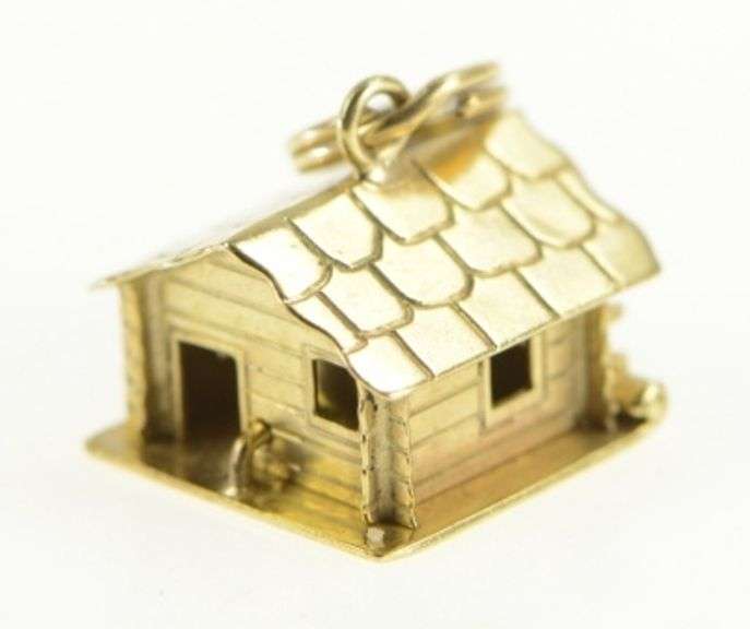 14K Yellow Gold 3D Articulated Log Cabin Home Cauldron Charm/Pendant