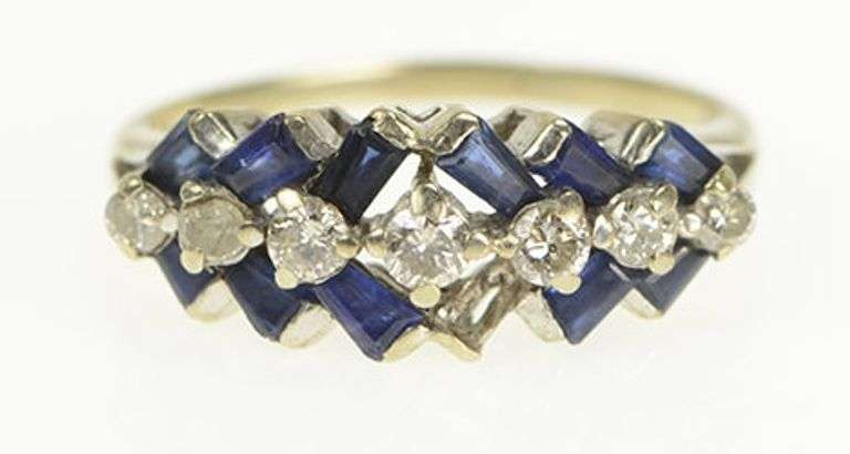 14K White Gold Diamond Baguette Sapphire Statement Band Ring