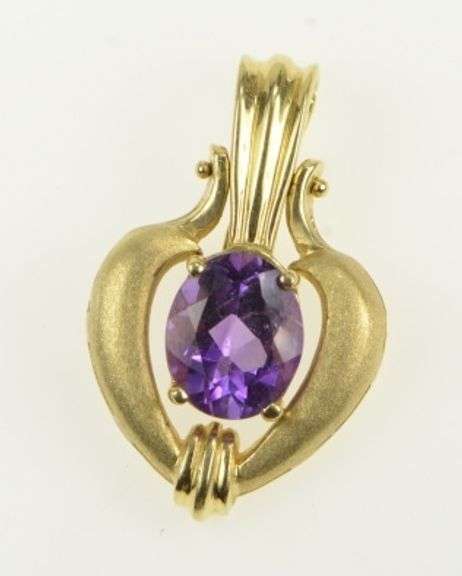 14K Yellow Gold Ornate Amethyst Heart Articulated Statement Pendant