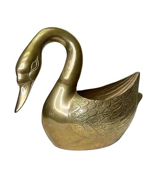 Vintage MCM Large Solid Brass Swan Planter With Curved Neck 17 Inch