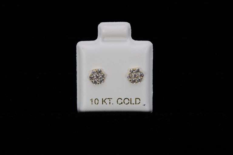 10k Yellow Gold Round White CZ Stud Flower Earrings