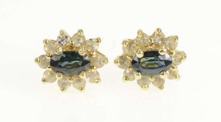 14K Yellow Gold Oval Sapphire Diamond Halo Vintage Stud Earrings
