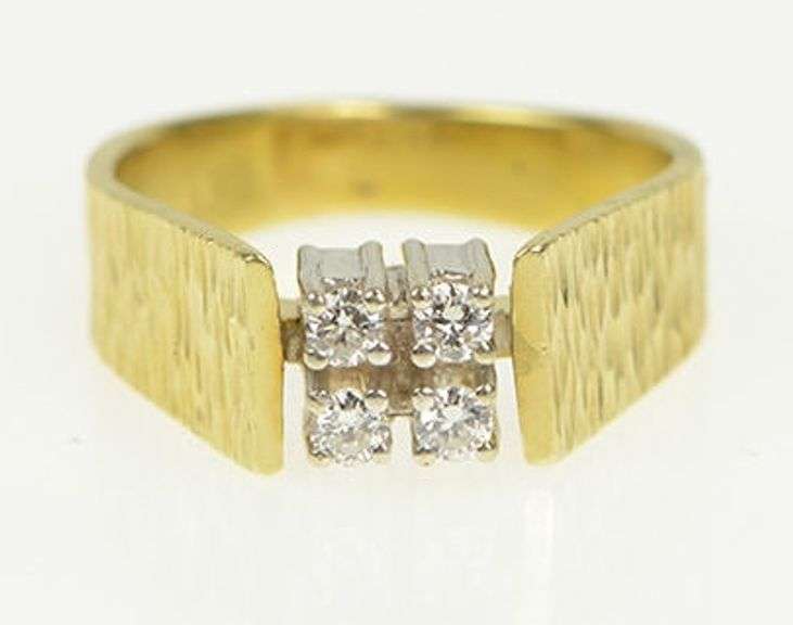 14K Yellow Gold 1960's Squared Diamond Cluster Textured Ring