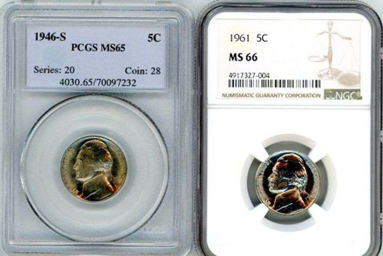 2 Gem BU Jefferson Nickels in Holders: 1946-S & 1956