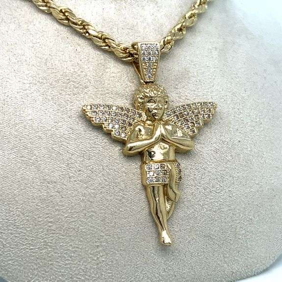 14K YELLOW GOLD ANGEL NECKLACE WITH CUBIC ZIRCONIA STONES