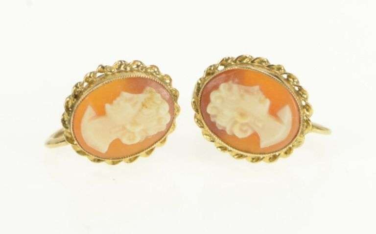 10K Yellow Gold Vintage Carved Shell Cameo Screw Back Earrings