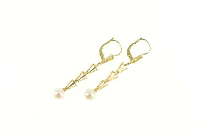14K Yellow Gold Geometric Tiered Pearl Dangle Drop Earrings