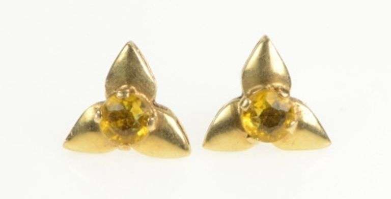 14K Yellow Gold Vintage Citrine Leaf Floral Cluster Stud Earrings