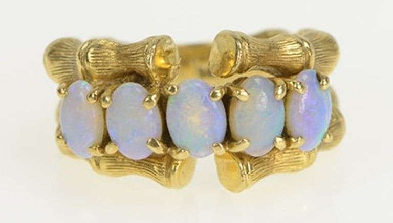 14K Yellow Gold 1960's Ornate Natural Opal Bamboo Statement Ring