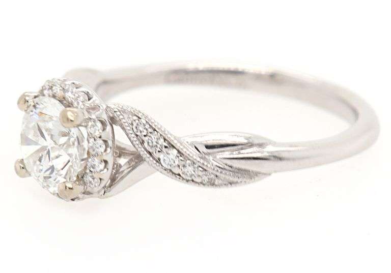 Gabriel & Co.GIA Certified  0.97ctw Round Diamond Halo Milgrain Engagement Ring in 14K