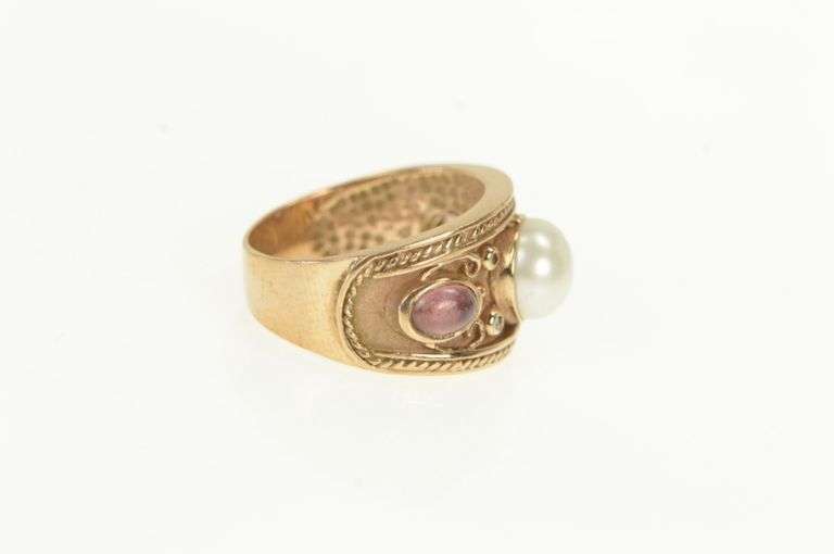 14K Rose Gold Pearl Pink Sapphire Diamond Etruscan Revival Ring