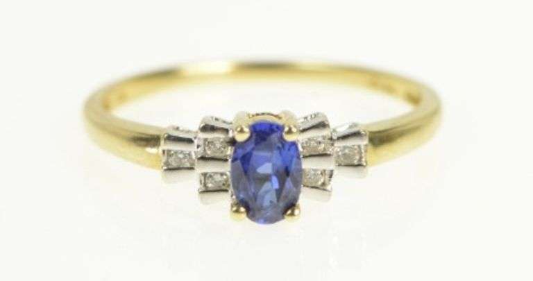 10K Yellow Gold Oval Sapphire Diamond Accent Classic Ring