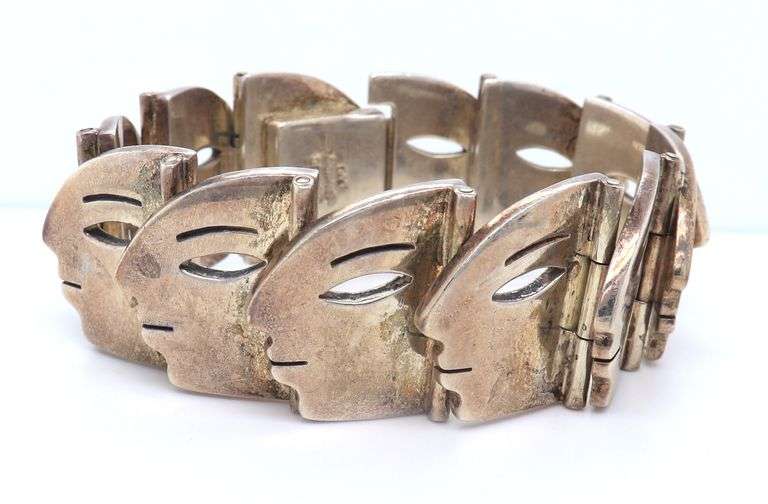Vintage Sterling Silver Signed Face Link Bracelet