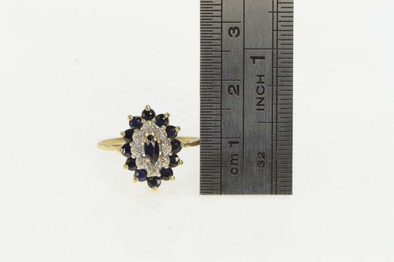 10K Yellow Gold Marquise Sapphire Diamond Halo Statement Ring