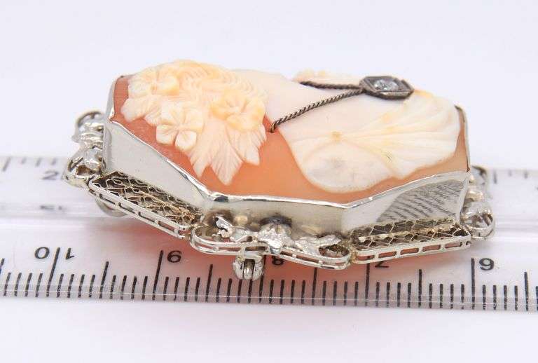 Elegant Curved Cameo Brooch with Diamond Necklace in Yellow Gold