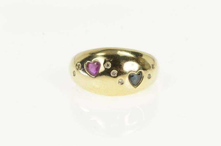 14K Yellow Gold Ruby Sapphire Heart Diamond Domed Statement Ring