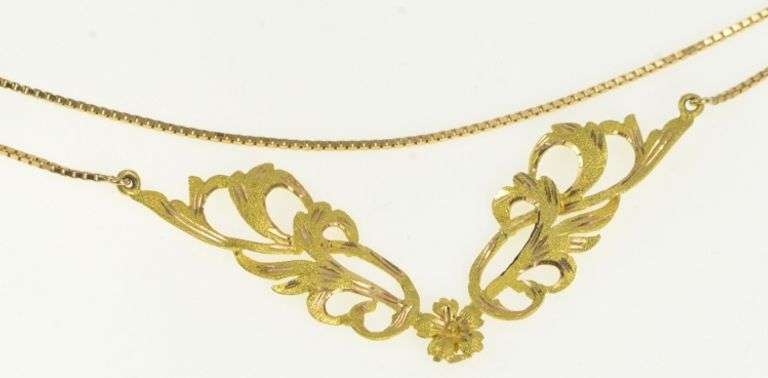 14K Yellow Gold Elaborate Scroll Work Flower Chevron Chain Necklace