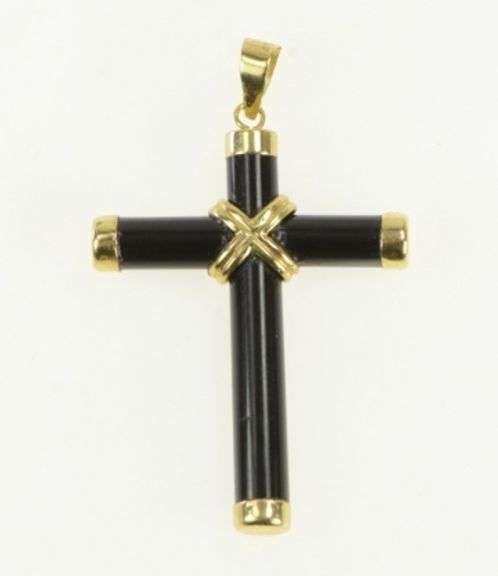 14K Yellow Gold Black Onyx Carved Cross Christian Faith Pendant