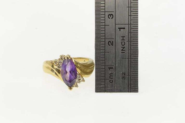 14K Yellow Gold Marquise Amethyst Diamond Cluster Bypass Ring