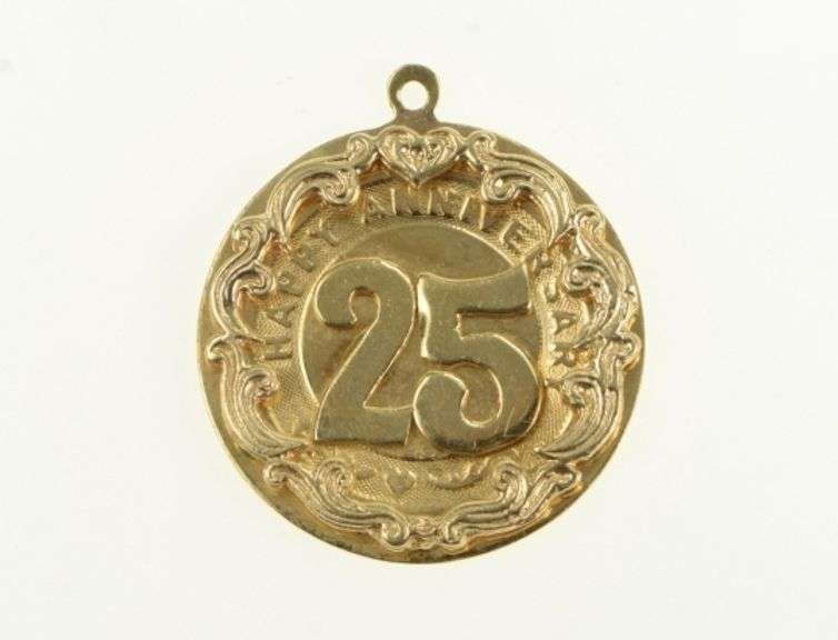 14K Yellow Gold 1950's Ornate 25th Anniversary Scalloped Charm/Pendant