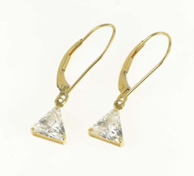 14K Yellow Gold Trillion Solitaire Dangle Vintage Statement Earrings