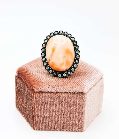Large Coral & Diamond Ring, 18KT
