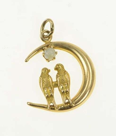 14K Yellow Gold Crescent Moon Love Bird Opal Ornate Pendant