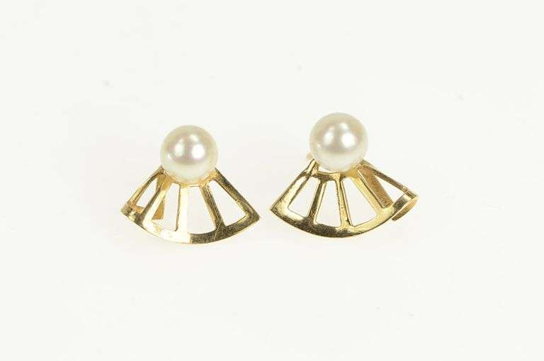 14K Yellow Gold Retro Pearl Wavy Accent Fashion Stud Earrings