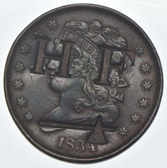 1834 Classic Head Half Cent - Counterstamped HF