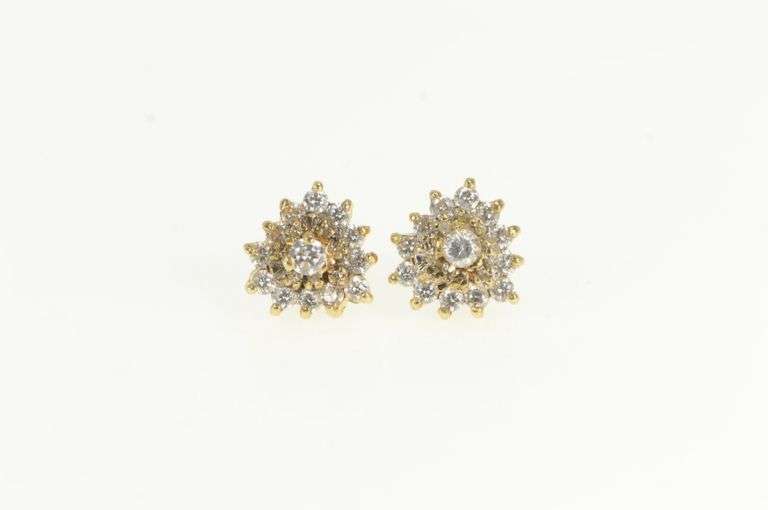 14K Yellow Gold Heart Cubic Zirconia Cluster Valentine Stud Earrings