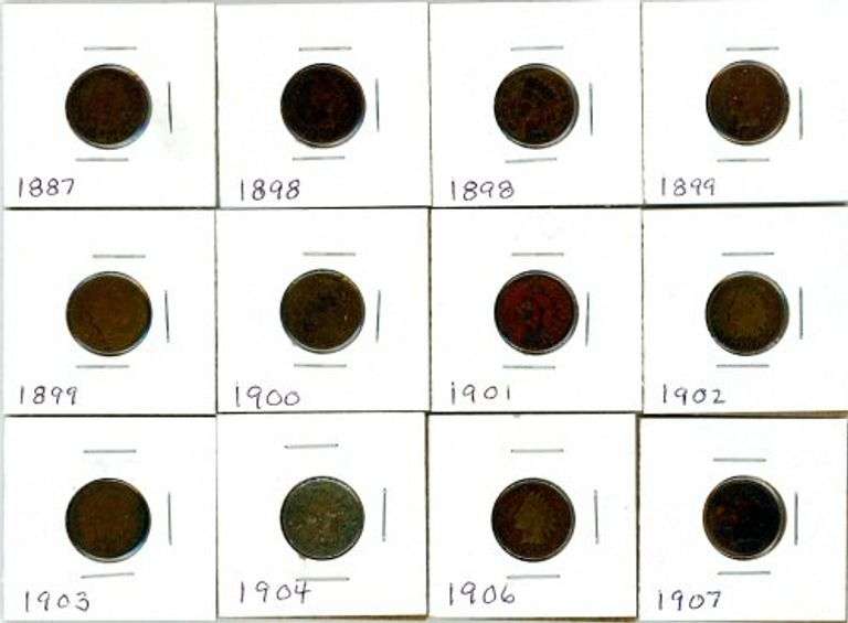 12 Assorted Indian Head Cents: 1887-1907