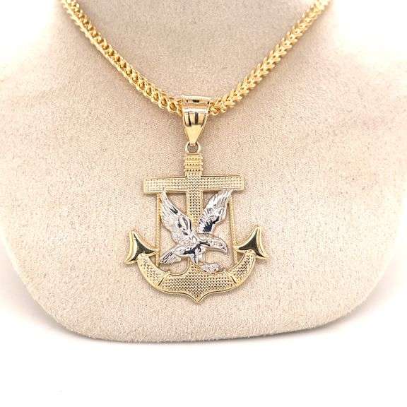 14K YELLOW AND WHITE GOLD ANCHOR & EAGLE CHARM WITH CHAIN