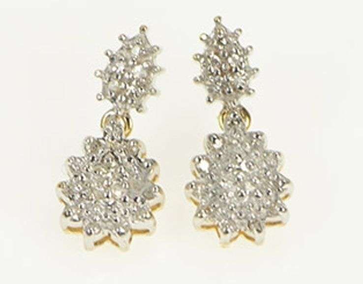 14K Yellow Gold Diamond Tear Drop Pear Cluster Vintage Earrings