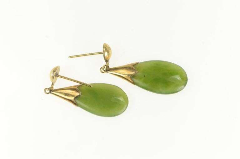 14K Yellow Gold Vintage Nephrite Drop Dangle Statement Earrings