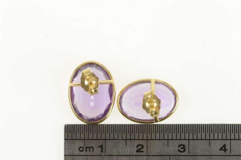 14K Yellow Gold Victorian Inspired Oval Amethyst Vintage Stud Earrings