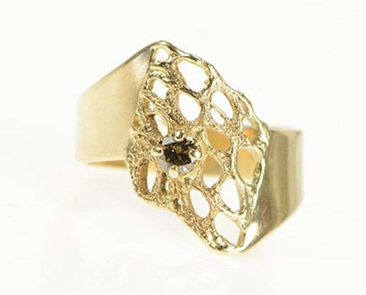 14K Yellow Gold 1960's Ornate Fancy Diamond Web Lattice Ring
