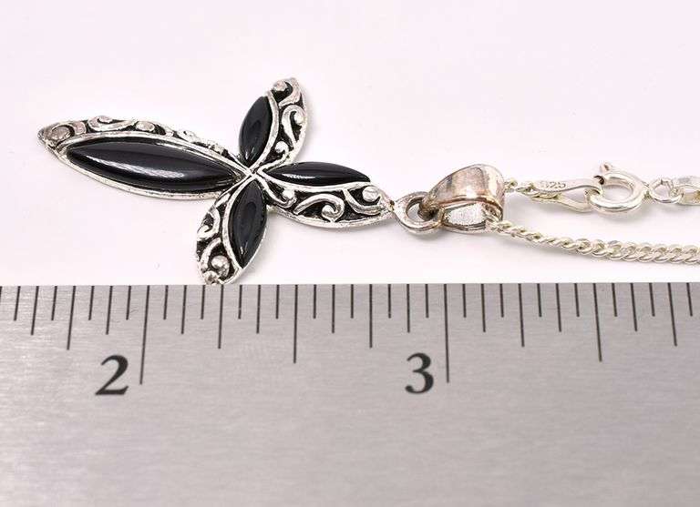 Black Onyx Gem Cross Pendant Necklace In Sterling Silver