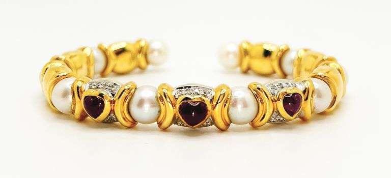 Precious Pearl, Ruby and Diamond Bracelet in 14K Yellow Gold