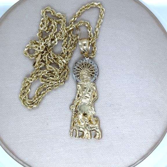 14K TWO- TONE GOLD SAINT LAZARUS CHARM NECKLACE ADORNED WITH CUBIC ZIRCONIA STONES.